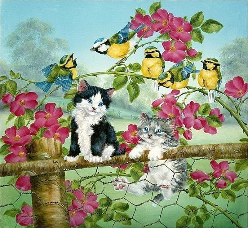 Kittens and Blue Tits, flower, pitigoi, blue tit, cat, pink, pisici, art, luminos, yellow, bird, pasari, HD wallpaper