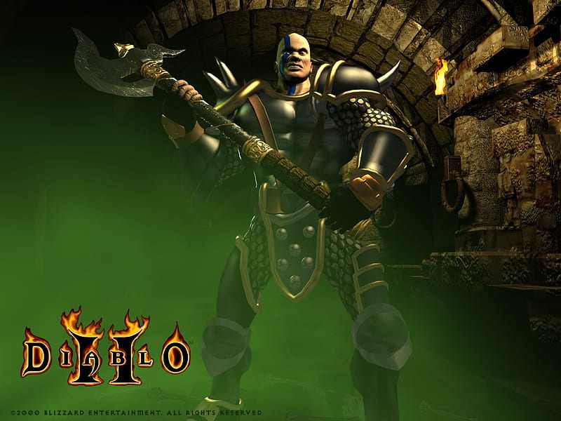 Diablo 2, armor, diablo ii, green, barbar, 3d and cg, graphics, weapon, HD wallpaper