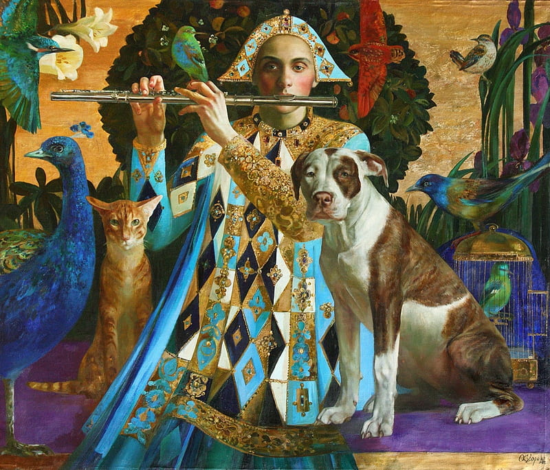 Repetition, dog, blue, flute, art, bird, man, olga suvorova, instrument, painting, paun, pictura, peacock, pasari, caine, HD wallpaper