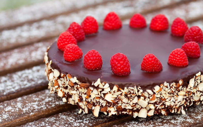 Raspberry Chocolate Cake, cake, nuts, delicious, food, chocolate, raspberry, dessert, sweet, HD wallpaper