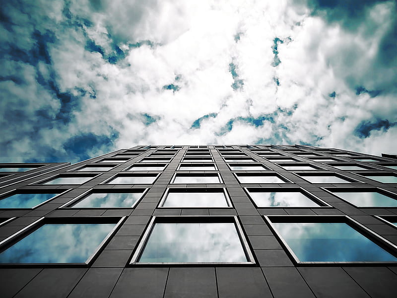 Looking up, architecture, perspective sky, clouds, up building, modern, upward grey, white, blue, HD wallpaper