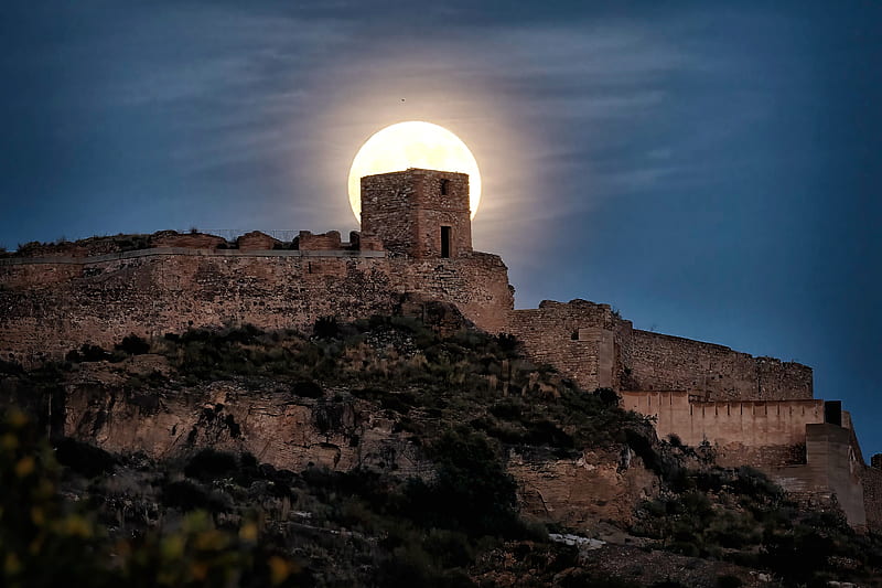 Castillo de Sagunto, Valencia, Spain, moon, medieval, castle, spain, HD wallpaper