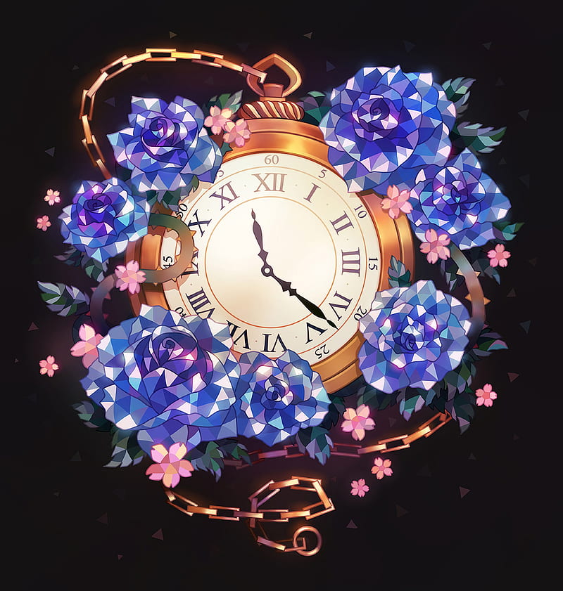 clock, flowers, art, pocket watch, chain, HD phone wallpaper
