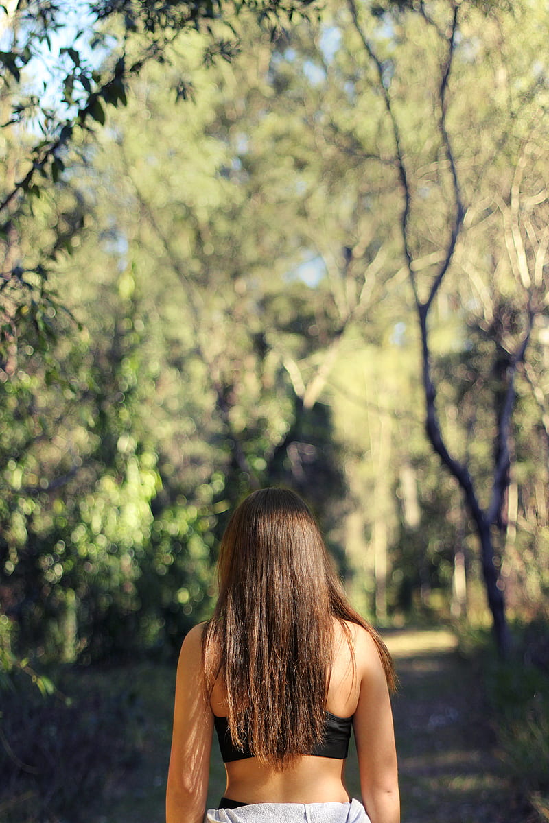 woman wearing black sports bra facing the woods, HD phone wallpaper