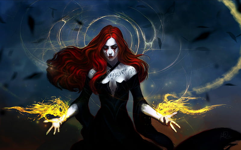 Red tears of the Black Witch, art, fire, fantasy, anndr, luminos, girl, redhead, black witch, HD wallpaper