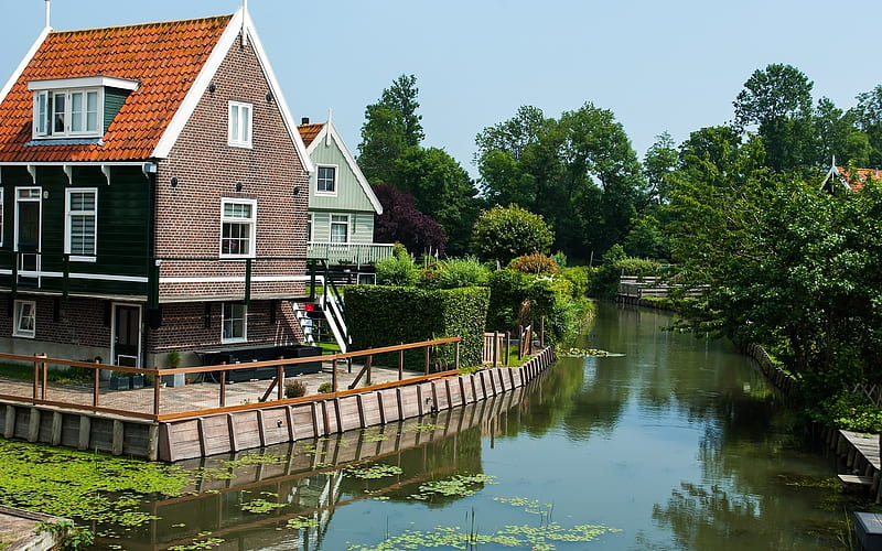 Netherlands Landscape, Netherlands, trees, canal, houses, HD wallpaper
