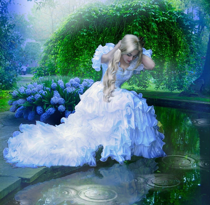 Wedding Blues, bride, bonito, wedding, pond, thought, flowers, blues, white, blue, HD wallpaper