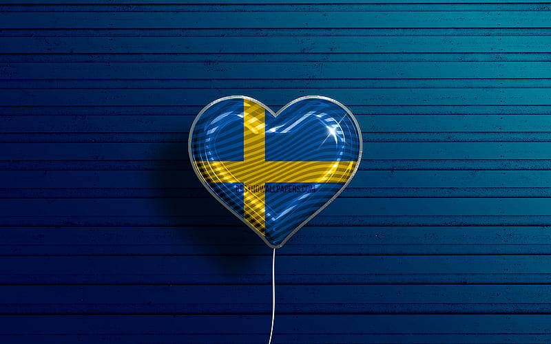 I Love Sweden realistic balloons, blue wooden background, Swedish flag heart, Europe, favorite countries, flag of Sweden, balloon with flag, Swedish flag, Sweden, Love Sweden, HD wallpaper