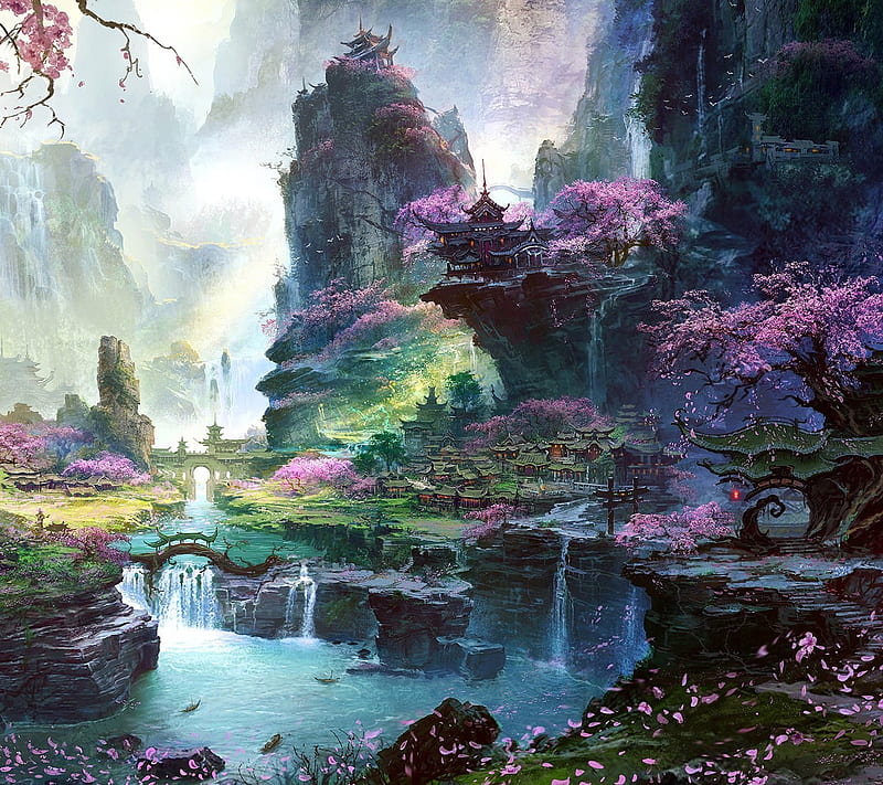 Fantasy landscape, anime, love, HD wallpaper
