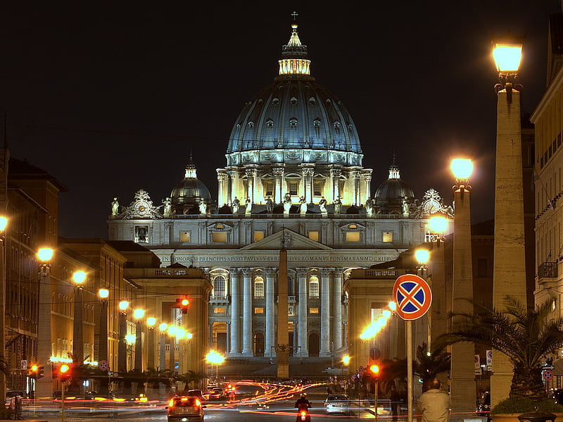 Piazza San Pietro,Roma, architecture, vaticano, piazza san pietro, religious, bonito, rome, roma, lights, road, italy, night, HD wallpaper