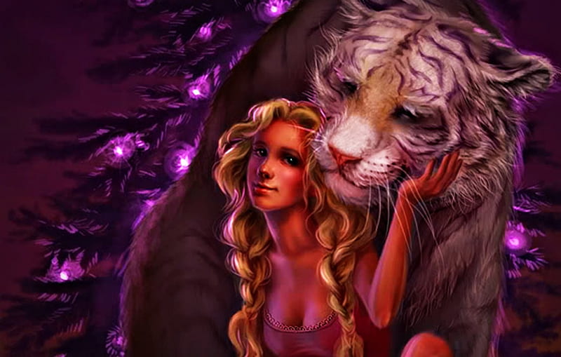 Purple Christmas, christmas, blonde, tiger, cat, lights, animal, tree, fantasy, girl, purple, white, pink, HD wallpaper