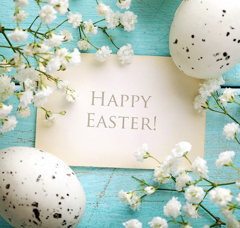 Happy Easter!, easter, spring, delicate, happy, greetings, eggs, flowers, pastel, blue, HD wallpaper