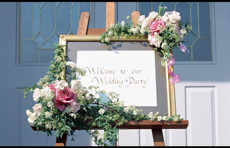 Wedding decoration, board, message, flower arrangement, decoration, flowers, HD wallpaper