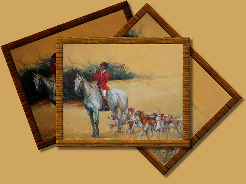Fox Hunt - Horse, art, hounds, houndsman, equine, horse, artwork, painting, bugle, pinks, scenery, fox hunt, landscape, HD wallpaper
