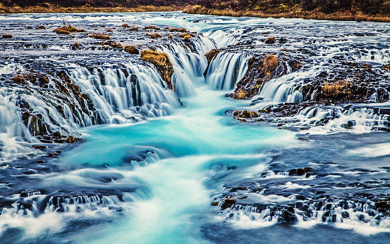 Bruarfoss Waterfall, R, icelandic landmarks, waterfalls, cliffs, Brekkuskogur, Iceland, Europe, HD wallpaper