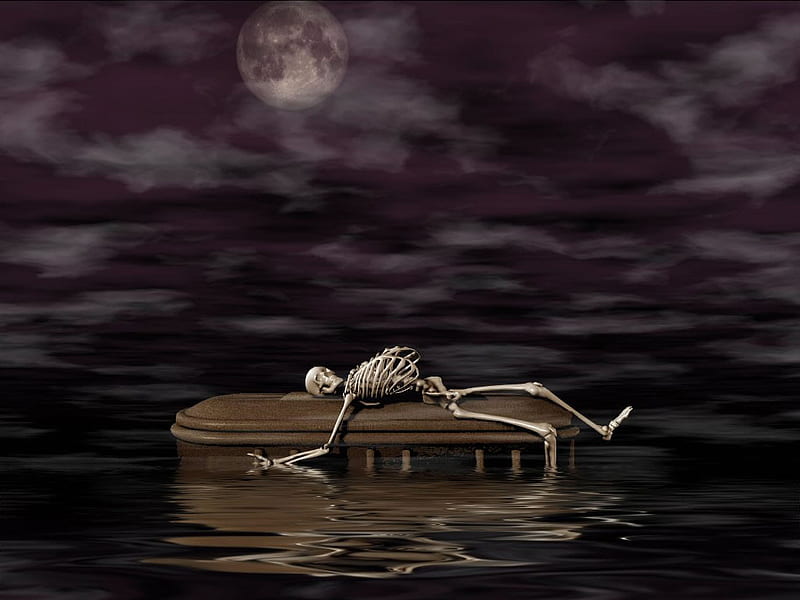 Buried At Sea, coffin, skeleton, moon, water, night, HD wallpaper