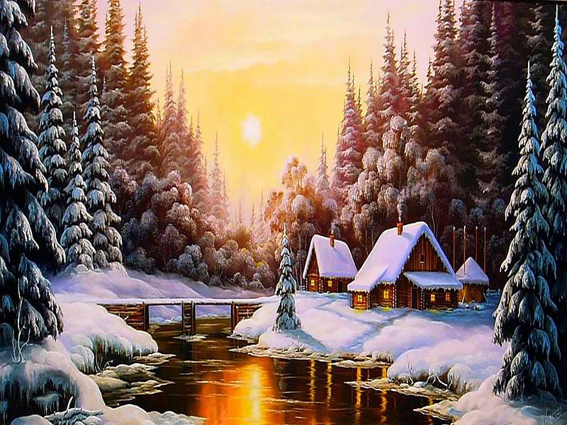 Beautiful winter !, sun, cottage, shine, bonito, beautiful day, spirits, splendor, bridge, love, color, season, river, forest, lovely, view, christmas, houses, winter, tree, snow, day, HD wallpaper