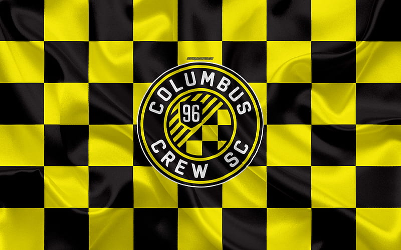 Columbus Crew SC logo, creative art, yellow black checkered flag, American Soccer club, MLS, emblem, silk texture, Columbus, Ohio, USA, football, Major League Soccer, HD wallpaper