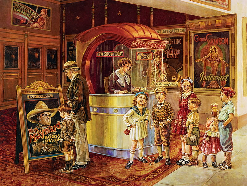 :), retro, popcorn, people, painting, copil, cinema, pictura, vintage, child, HD wallpaper