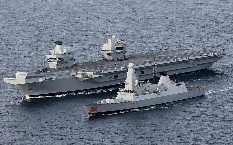 HMS Queen Elizabeth, R08, lead ship, nuclear aircraft carrier, HMS Dragon, D35, air-defence destroyer, Daring-class, Royal Navy, Great Britain, HD wallpaper
