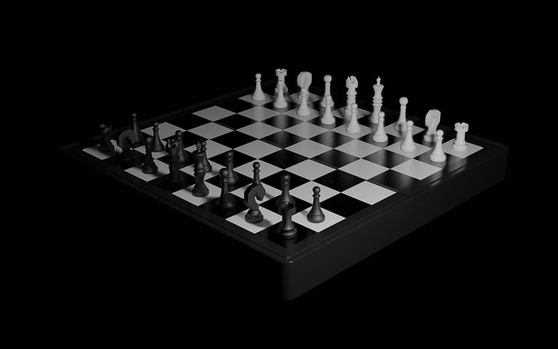 Chess board with chess, Black background, 3d chess, 3d chess black and  white pieces, HD wallpaper