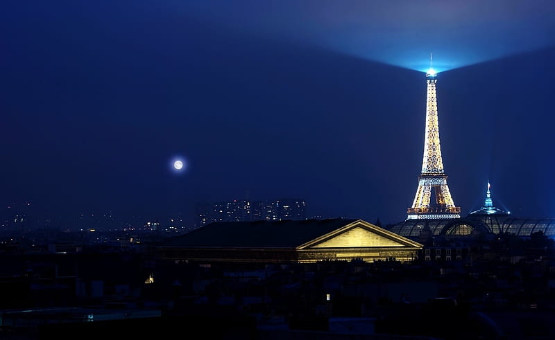 Midnight in Paris, paris, midnight, lights, europe, graphy, city, moon, night, graph, sky, wall, france, eiffel tower, dark, HD wallpaper