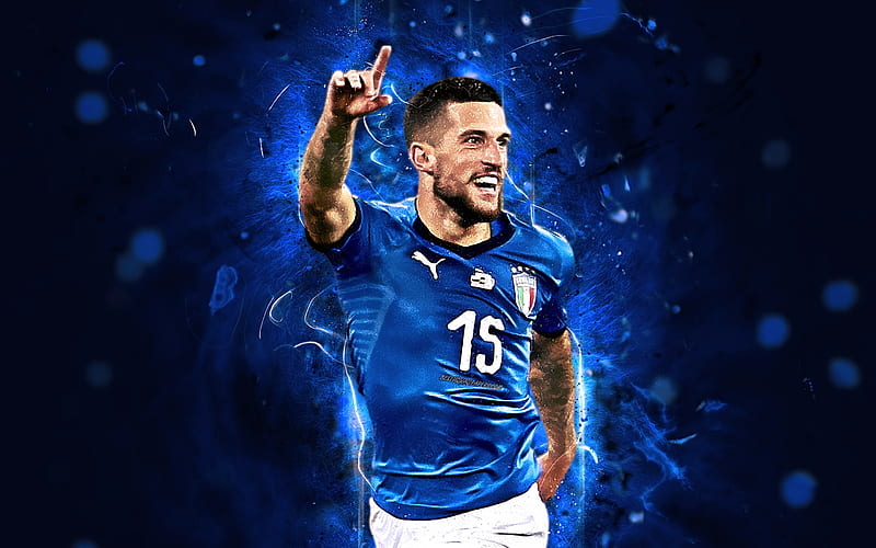 Cristiano Biraghi, fan art, Italy National Team, football, blue background, Biraghi, soccer, abstract art, neon lights, Italian football team, HD wallpaper