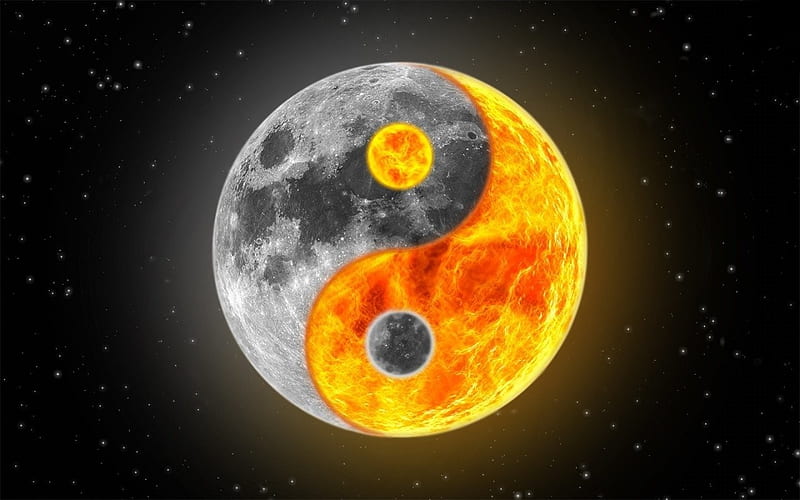 SUN & MOON YING-YANG, stars, moon, sun, symbols, sky, ying-yang, HD wallpaper