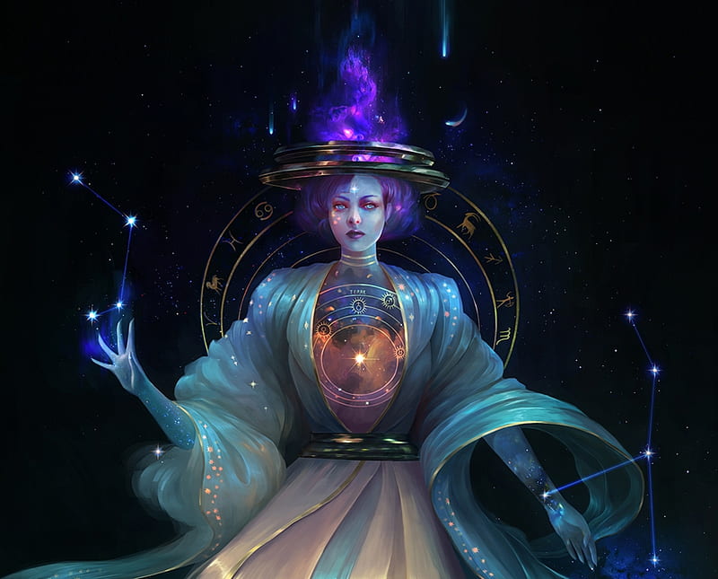 Orias the Astrologer, madboni, fantasy, purple, girl, black, orias, astrologer, blue, luminos, HD wallpaper