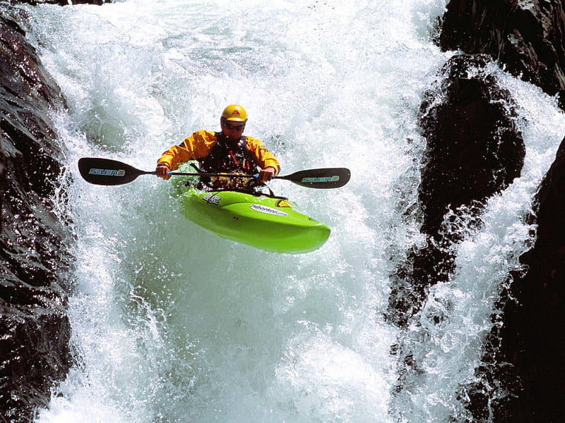 kayaking, waterfall, water, white, kayak, HD wallpaper