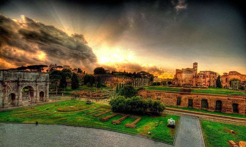 View From Colosseum, architecture, colorful, ancient, monuments, colosseum, bonito, rome, sky, clouds, sunsets, nature, italy, HD wallpaper