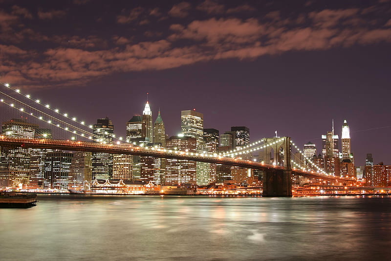 Brooklyn Bridge, New York, Manhattan, skyscrapers, night, city lights, night New York, HD wallpaper