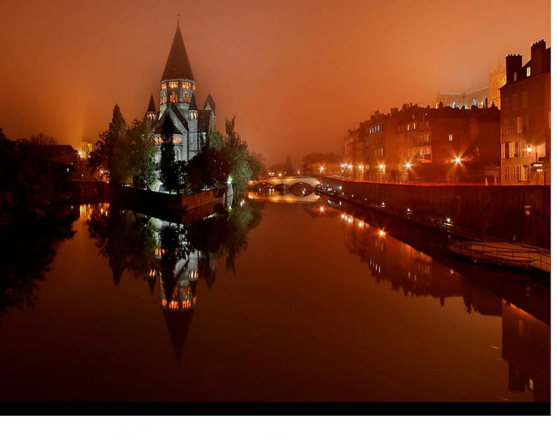 Metz (France), city, river, night, light, HD wallpaper