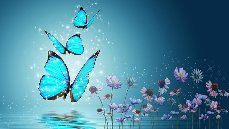*blue butterflies*, flowers, water, butterflies, lake, HD wallpaper