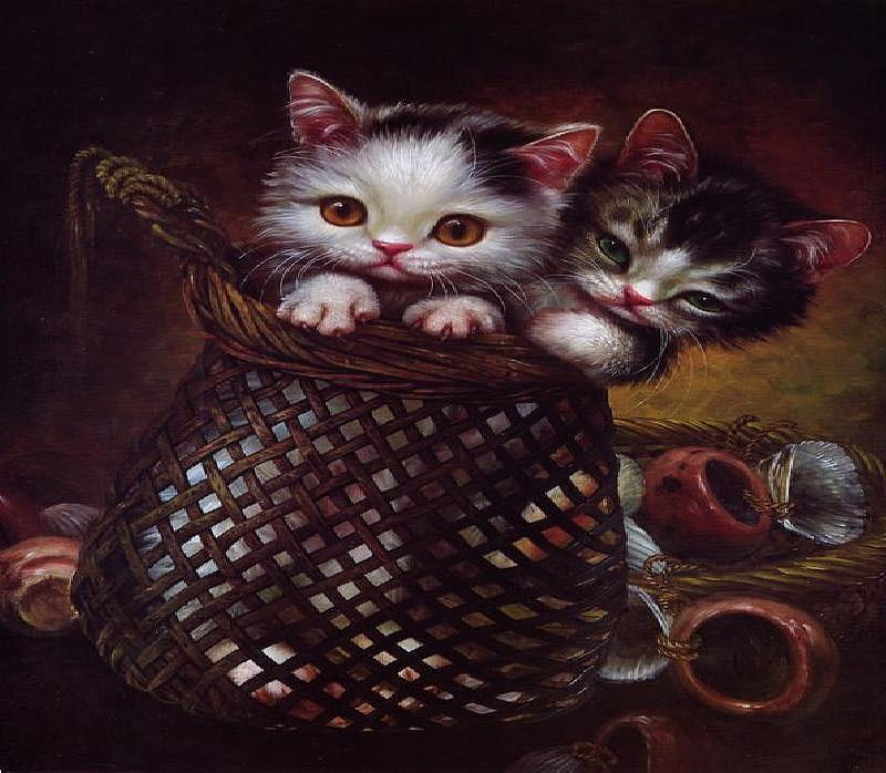 Room for Two, ornaments, baskets, painting, kittens, adorable, shells, HD wallpaper