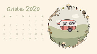 Bus Tree Trunk Leaves Mushroom In Beige Background October Calendar  October, HD wallpaper