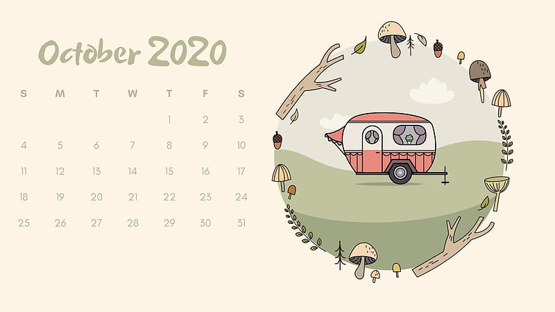 Bus Tree Trunk Leaves Mushroom In Beige Background October Calendar October, HD wallpaper