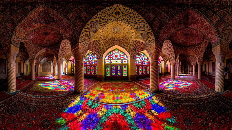 magnificent carpet lined mosque, windows, columns, mosque, stained glass, carpets, HD wallpaper