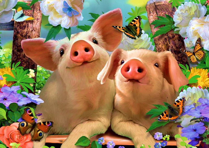 Happy Pigs, blossoms, spring, butterflies, artwork, animals, HD wallpaper
