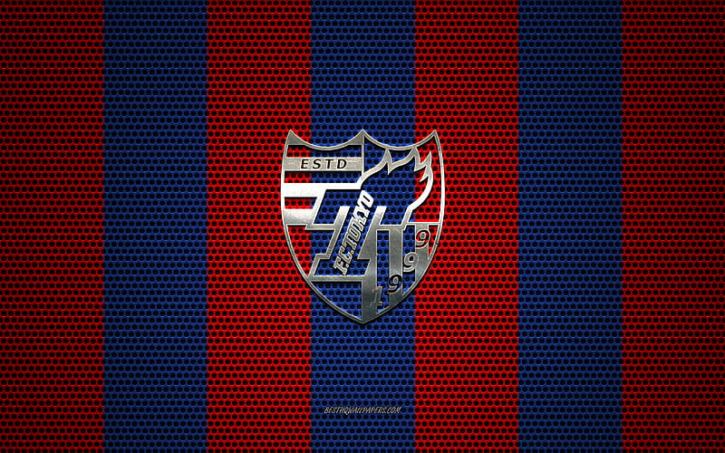 FC Tokyo logo, Japanese football club, metal emblem, red-blue metal mesh background, FC Tokyo, J1 League, Tokyo, japan, football, Japan Professional Football League, HD wallpaper