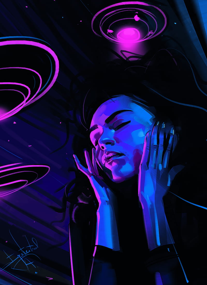 Aleksandr Sidelnikov, UFO, UFOs, women, purple background, closed eyes, HD phone wallpaper