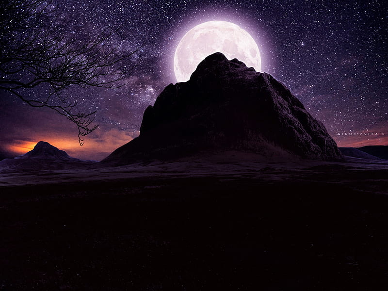 Moon Over Mountain, mountains, moon, nature, night, stars, HD wallpaper