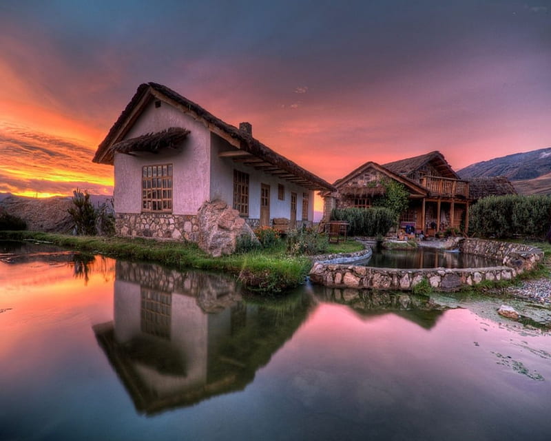 River Home, house, nature, r, sunset, reflection, landscape, HD wallpaper