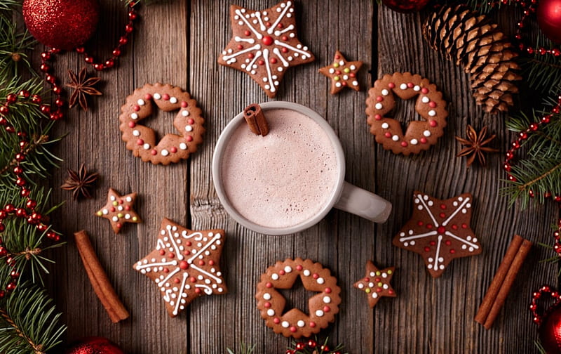 Merry Christmas!, craciun, christmas, food, sweet, dessert, card, cookies, gingerbrad, cup, cocoa, milk, wood, HD wallpaper