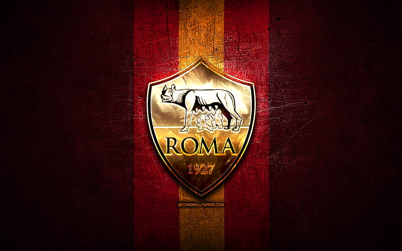 Roma FC, golden logo, Serie A, purple metal background, football, AS Roma, italian football club, Roma logo, soccer, Italy, HD wallpaper