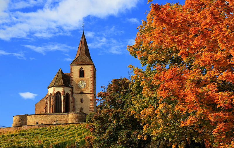 Autumn Church in France, architecture, cathedral, fall season, autumn, religious, love four seasons, attractions in dreams, graphy, Hunawihr, temples, churches, Saint Jacques Le Mazher, HD wallpaper