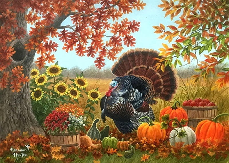 Harvest Garden, fall season, autumn, harvest, apples, colors, love four seasons, attractions in dreams, thanksgiving, leaves, paintings, turkey, flowers, nature, fields, pumpkins, HD wallpaper