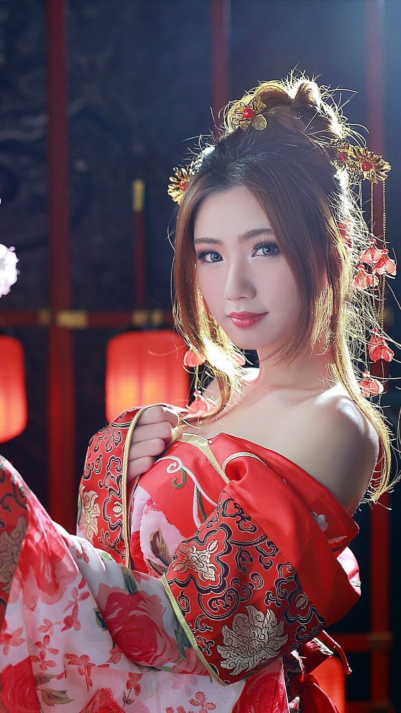 Chinese beauty, asian, bonito, beauty, brown hair, charming, chinese costume, gorgeous lovely, red lips, HD phone wallpaper