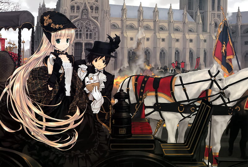 Shall We Go... -_- No Just Ignore the Explosion., anime, england, travel, explosion, horse, HD wallpaper