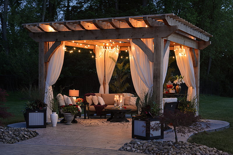 gazebo with curtain and string lights, HD wallpaper